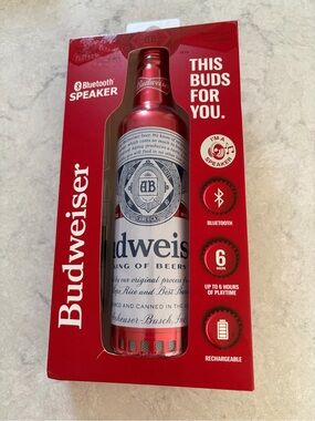 NWT/Budweiser Red and White Bottle-Shaped Bluetooth Speaker
